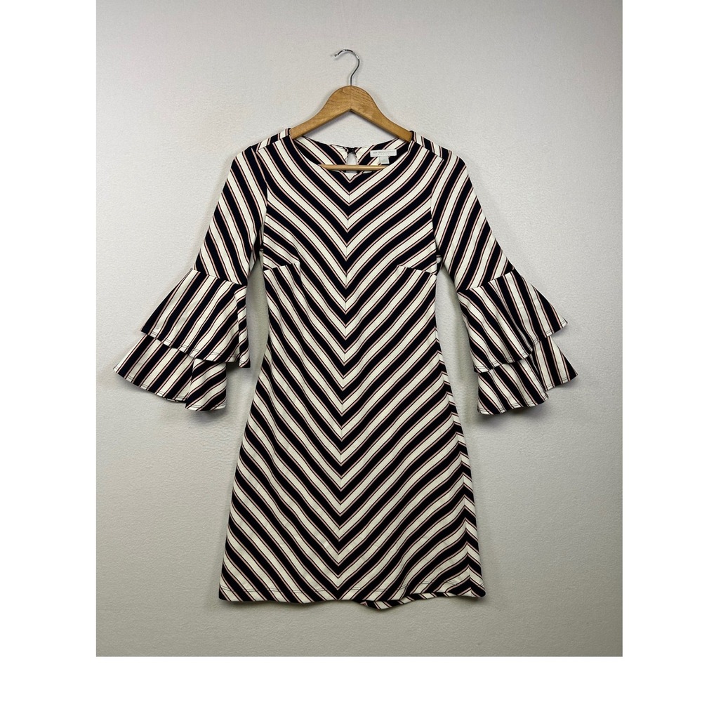 Mod Retro New York & Company Womens XS Navy White Chevron Bell Sleeve Mini Dress